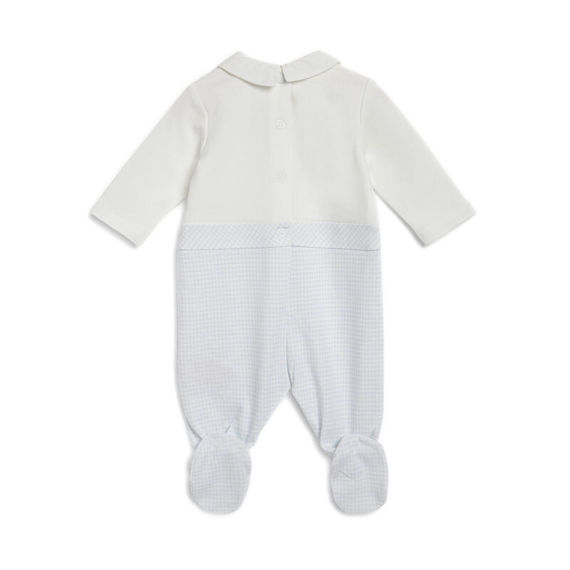 Boys White and Light Blue Applique Leg Opening Babysuit image number 1